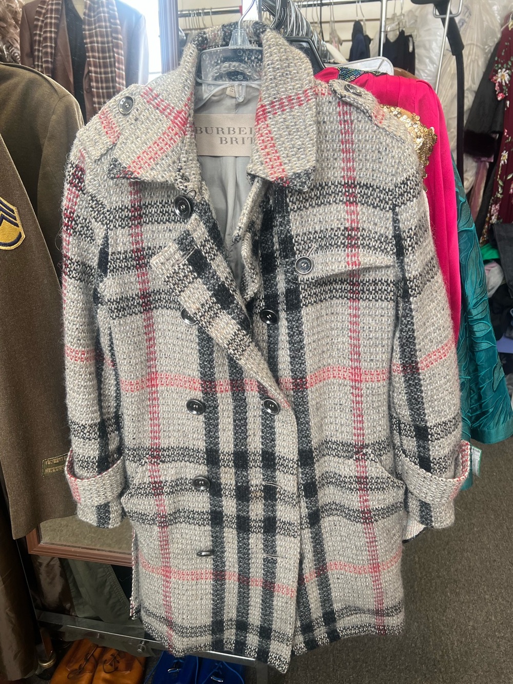Burberry Plaid Wool-Blend Double-Breasted Trench Coat in Gray and Red